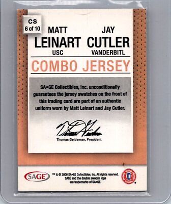 2006 Sage #CS 6 of 10 Matt Leinart/ Jay Cutler Excellent