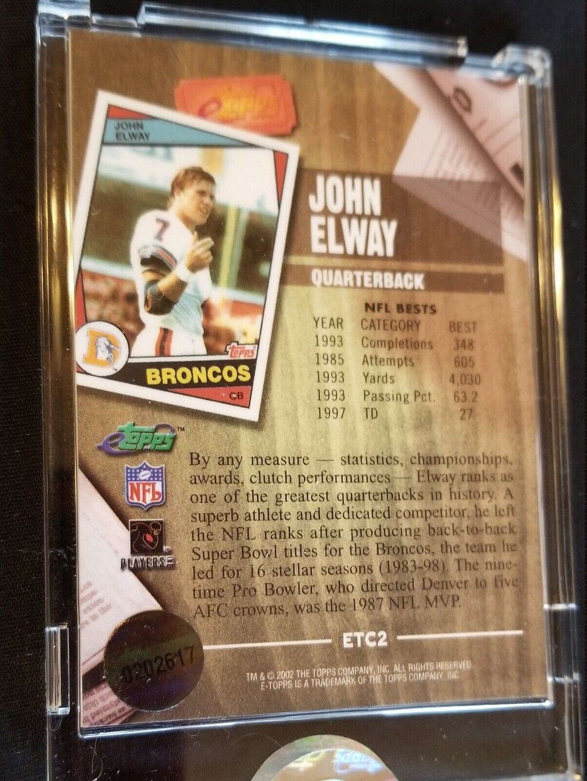 2002 etopps John Elway uncirculated Mint encased Broncos